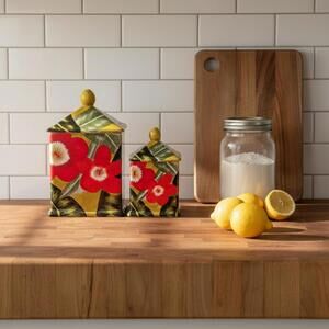 Set of 2 Large Ceramic Canisters 12" & 8" Floral Kitchen Jars Lid Tropical Decor